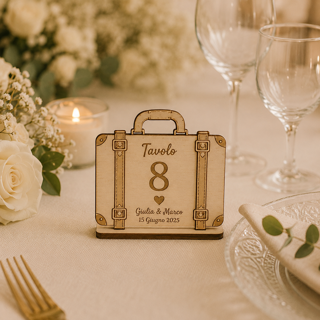 Segnatavolo Personalizzato in Legno – Tema viaggi per Matrimonio, Battesimo e Comunione