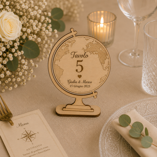 Segnatavolo Personalizzato in Legno – Tema viaggi per Matrimonio, Battesimo e Comunione