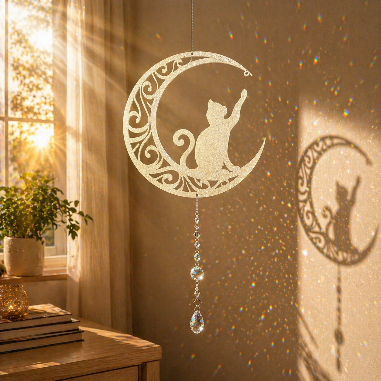 Decorazione cattura sole / acchiappa luce con cristalli di luce mod. Gatto sulla luna