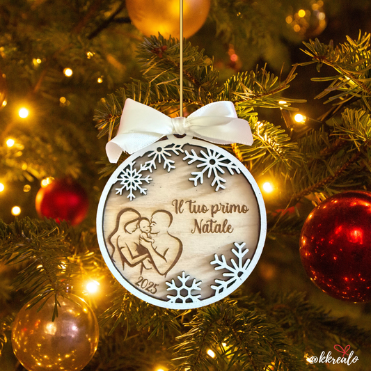 Pallina di natale in legno di betulla  taglio laser - il tuo primo natale  -  personalizzabile